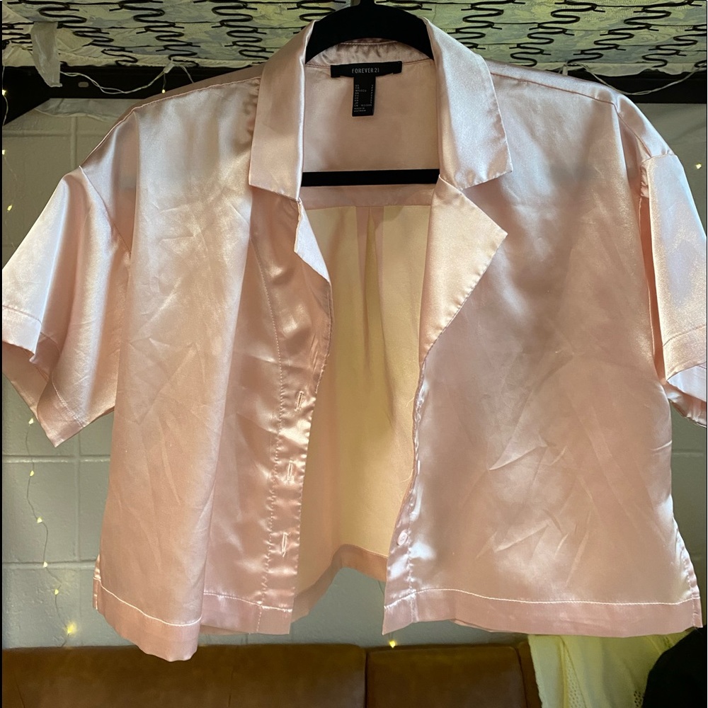 silk pink button up short sleeve forever 21 shirt
